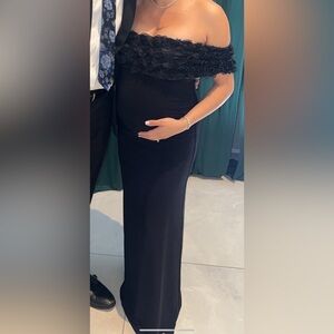 Club L London Black Off-Shoulder Maxi Dress with Floral Trim